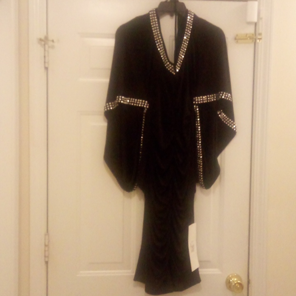 Rhinestone black dolman sleeve black dress